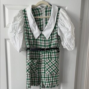 ZARA Green and White Tweed Romper with Puff Sleeves